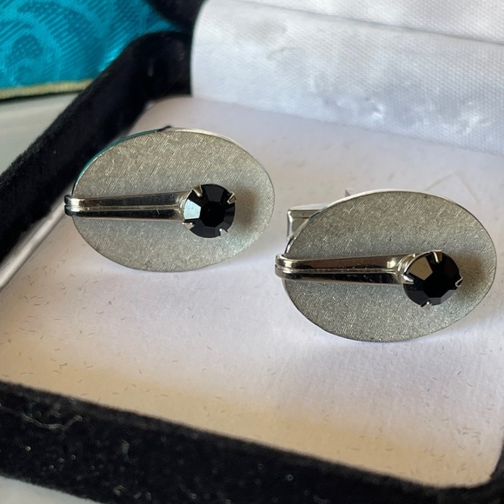 Silver Oval Cufflinks with Black Stone Accent